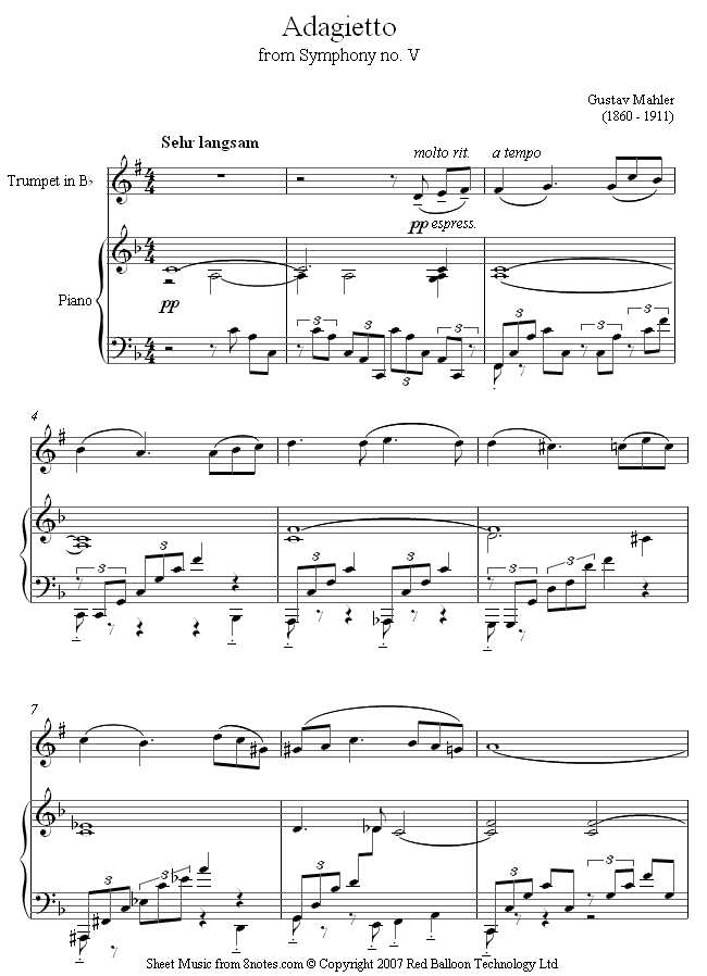 Mahler - Adagietto from Symphony No.5 sheet music for Trumpet Mahler - Adagietto from Symphony No.5 sheet music for Trumpet