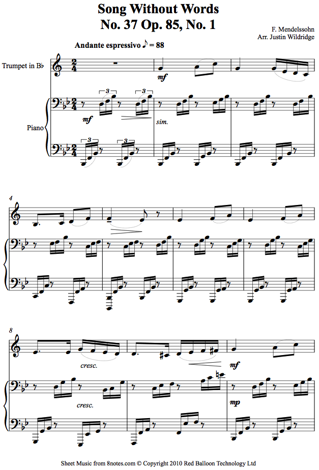 Mendelssohn - Song Without Words No. 37 Op. 85, No. 1 sheet music for Trumpet Mendelssohn - Song Without Words No. 37 Op. 85, No. 1 sheet music for Trumpet