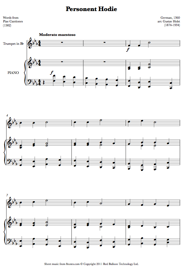 Holst - Personent Hodie (Words from Piae Cantiones) sheet music for Trumpet Holst - Personent Hodie (Words from Piae Cantiones) sheet music for Trumpet