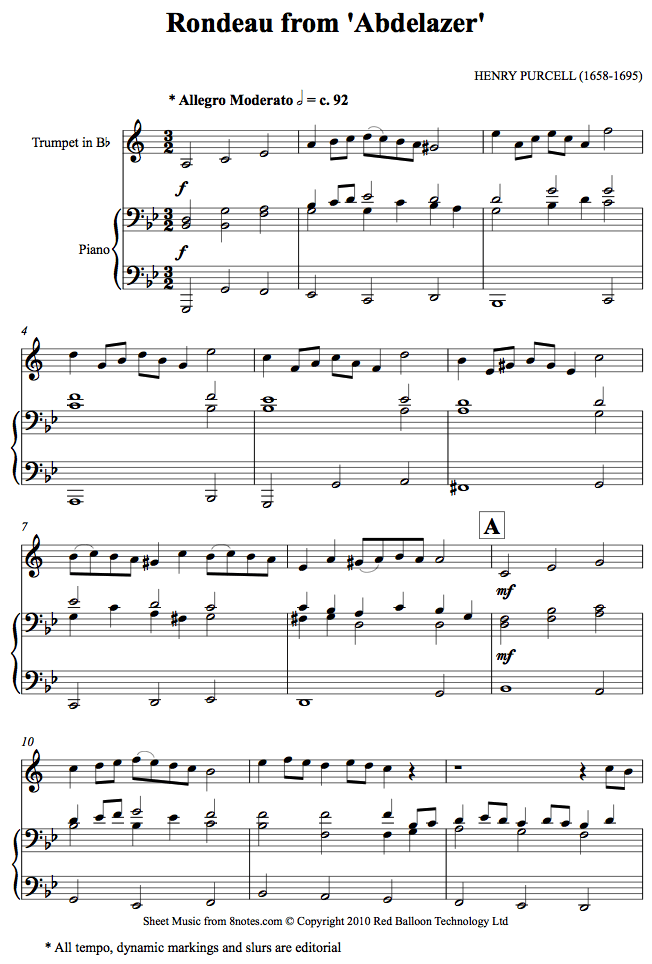 Purcell - Rondeau from Abdelazer sheet music for Trumpet Purcell - Rondeau from Abdelazer sheet music for Trumpet