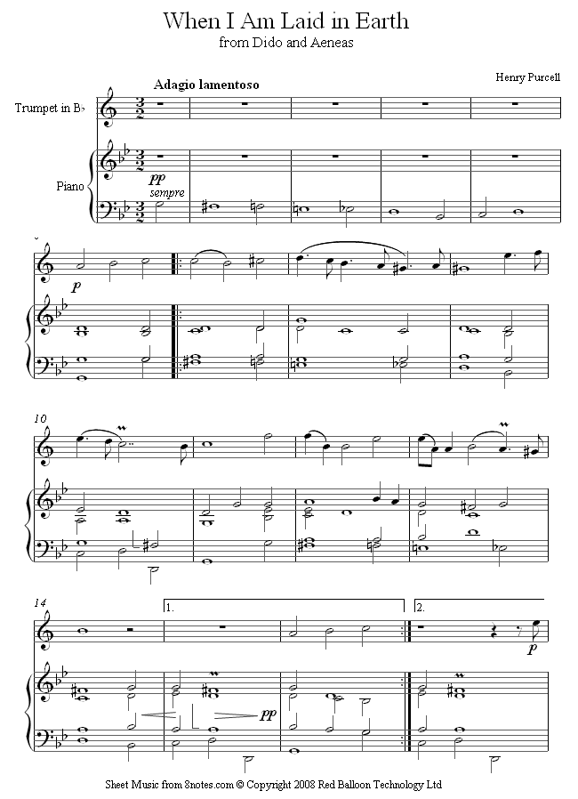Purcell - When I Am Laid in Earth sheet music for Trumpet Purcell - When I Am Laid in Earth sheet music for Trumpet