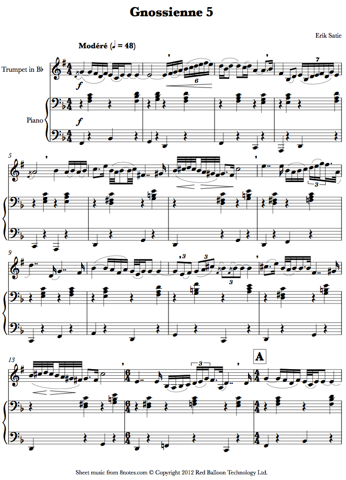 Satie - Gnossienne 5 sheet music for Trumpet Satie - Gnossienne 5 sheet music for Trumpet