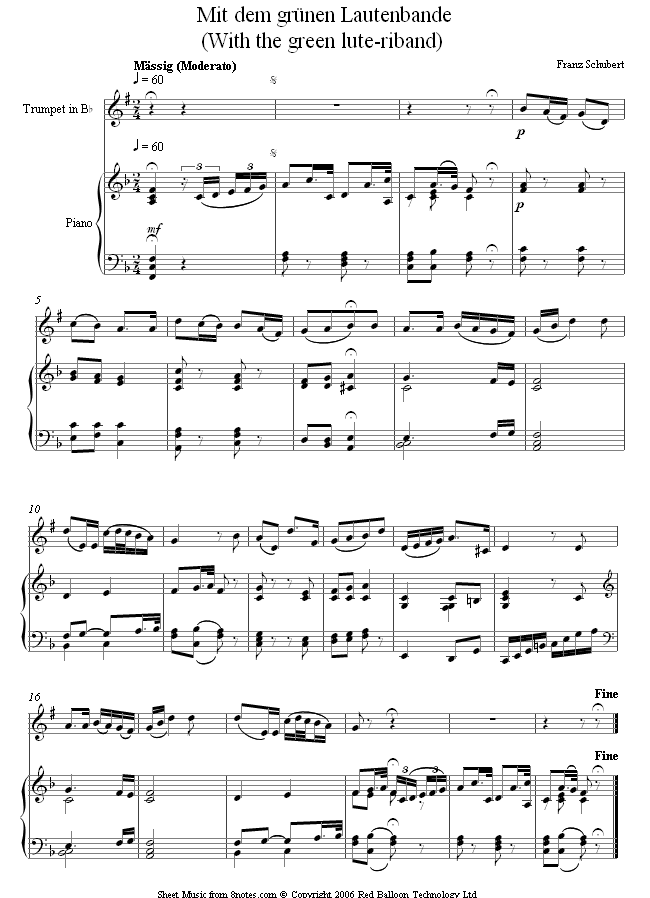 Schubert - With the green lute-riband sheet music for Trumpet Schubert - With the green lute-riband sheet music for Trumpet