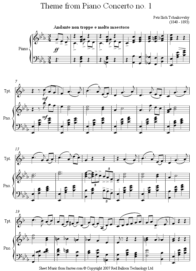 Tchaikovsky - Theme from Piano Concerto No.1 sheet music for Trumpet Tchaikovsky - Theme from Piano Concerto No.1 sheet music for Trumpet