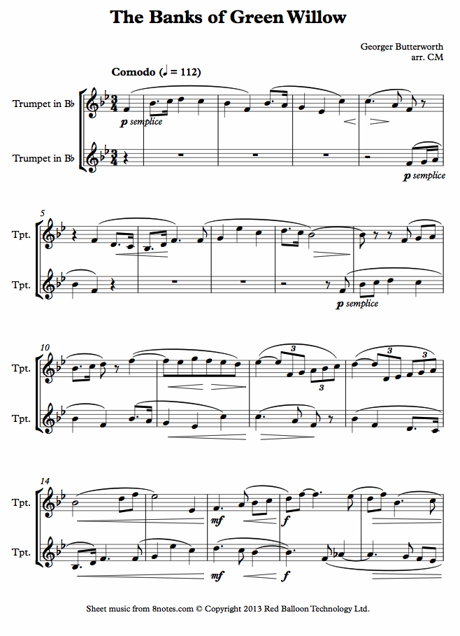 Butterworth - The Banks of Green Willow sheet music for Trumpet Duet Butterworth - The Banks of Green Willow sheet music for Trumpet Duet