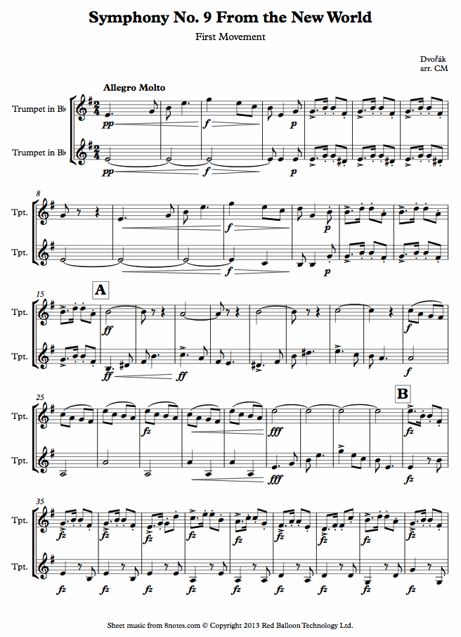 Dvořák - Symphony No. 9 From the New World 1st movement sheet music for Trumpet Duet Dvořák - Symphony No. 9 From the New World 1st movement sheet music for Trumpet Duet