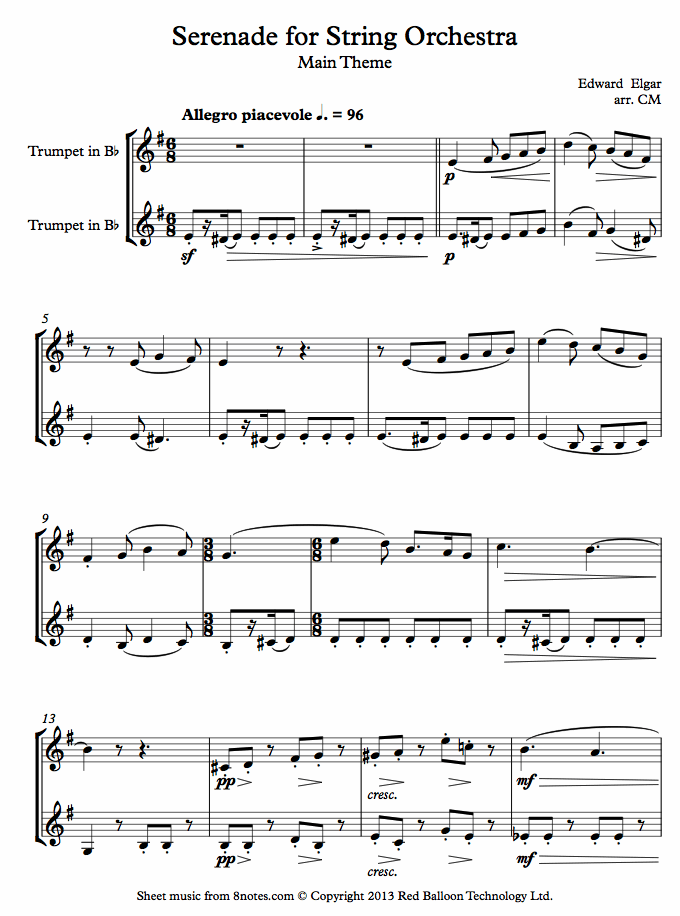 Elgar - Serenade for String Orchestra Main Theme sheet music for Trumpet Duet Elgar - Serenade for String Orchestra Main Theme sheet music for Trumpet Duet