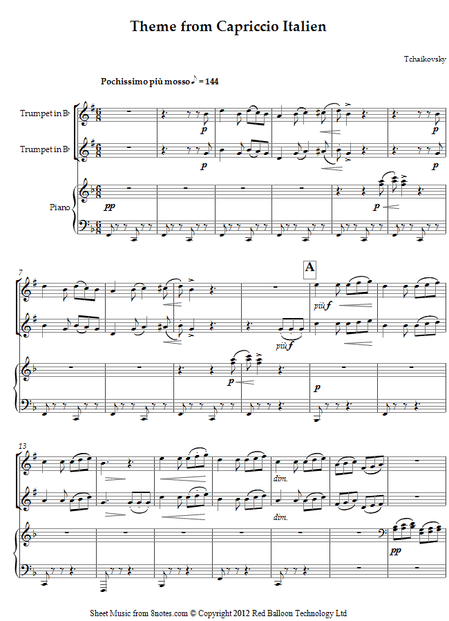 Tchaikovsky - Theme from Capriccio Italien sheet music for Trumpet Duet Tchaikovsky - Theme from Capriccio Italien sheet music for Trumpet Duet