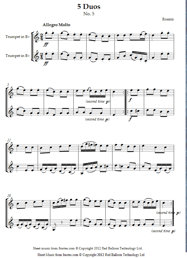 Rossini - 5 Duos No.5 Allegro Molto sheet music for Trumpet Duet Rossini - 5 Duos No.5 Allegro Molto sheet music for Trumpet Duet