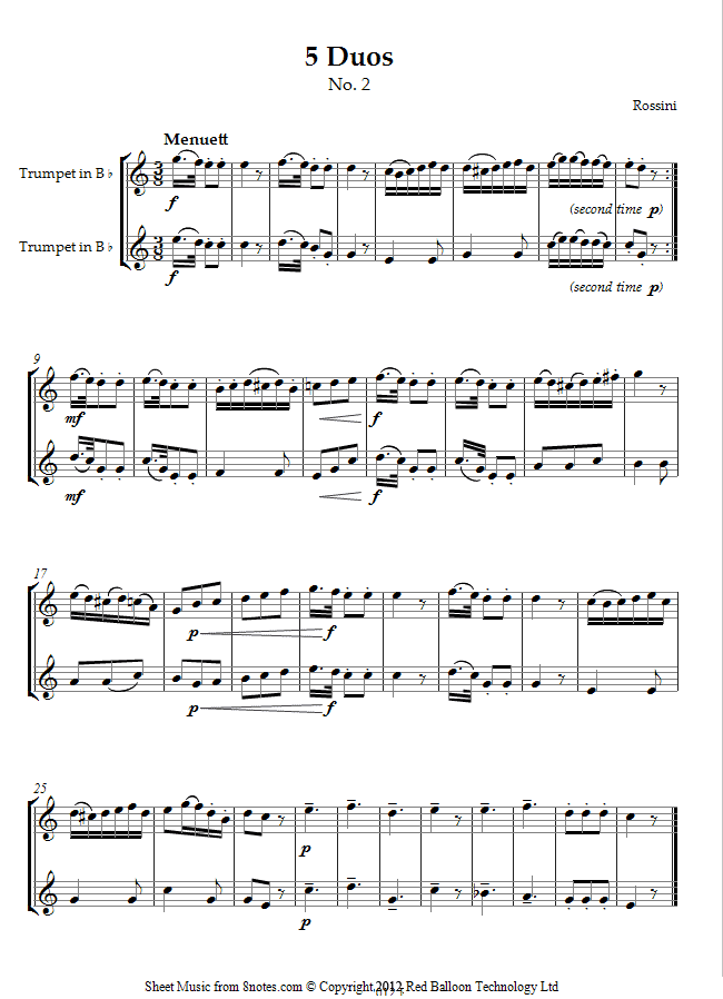 Rossini - 5 Duos No.2 Menuett sheet music for Trumpet Duet Rossini - 5 Duos No.2 Menuett sheet music for Trumpet Duet