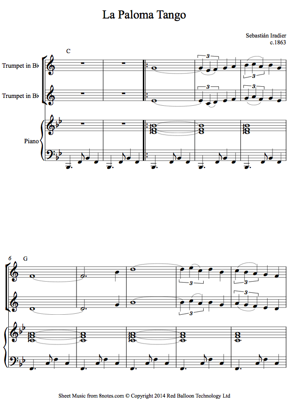 Sebastián Iradier - La Paloma Tango sheet music for Trumpet Duet Sebastián Iradier - La Paloma Tango sheet music for Trumpet Duet