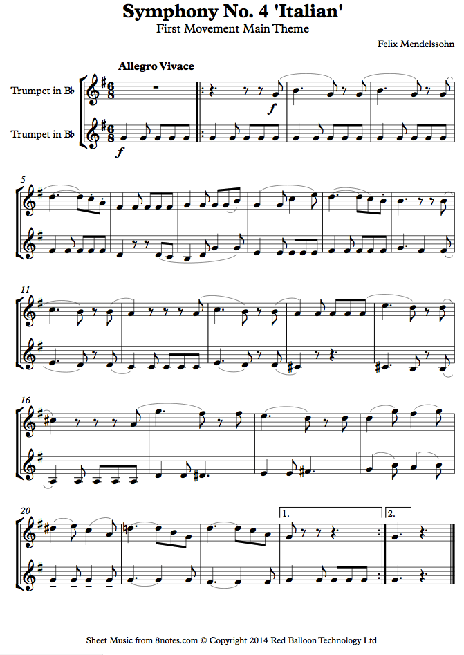 Mendelssohn - Symphony No. 4 'Italian' First Movement Main Theme sheet music for Trumpet Duet Mendelssohn - Symphony No. 4 'Italian' First Movement Main Theme sheet music for Trumpet Duet