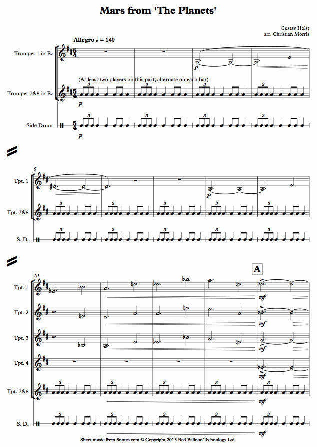 Holst - Mars from The Planets sheet music for Trumpet Ensemble Holst - Mars from The Planets sheet music for Trumpet Ensemble