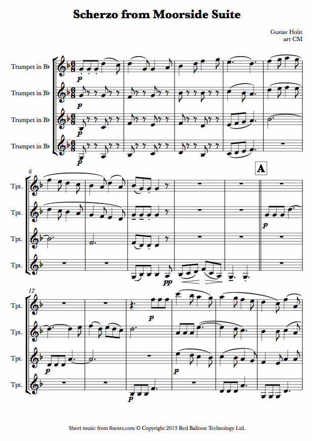Holst - Scherzo from Moorside Suite sheet music for Trumpet Quartet Holst - Scherzo from Moorside Suite sheet music for Trumpet Quartet