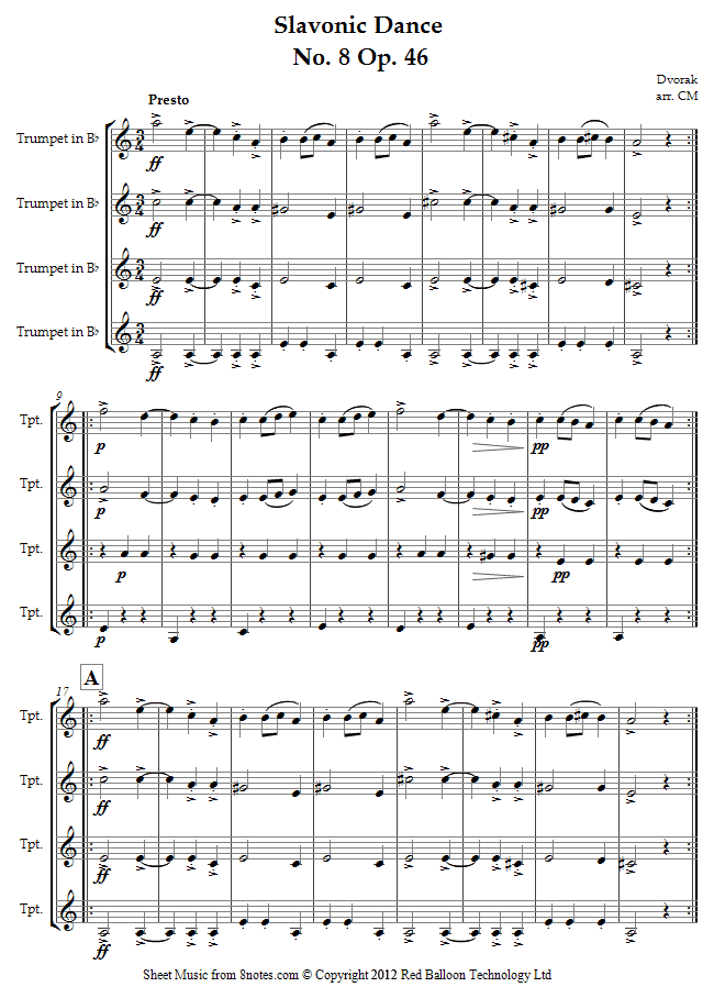 Dvořák - Slavonic Dance No. 8 Op. 46 sheet music for Trumpet Quartet Dvořák - Slavonic Dance No. 8 Op. 46 sheet music for Trumpet Quartet
