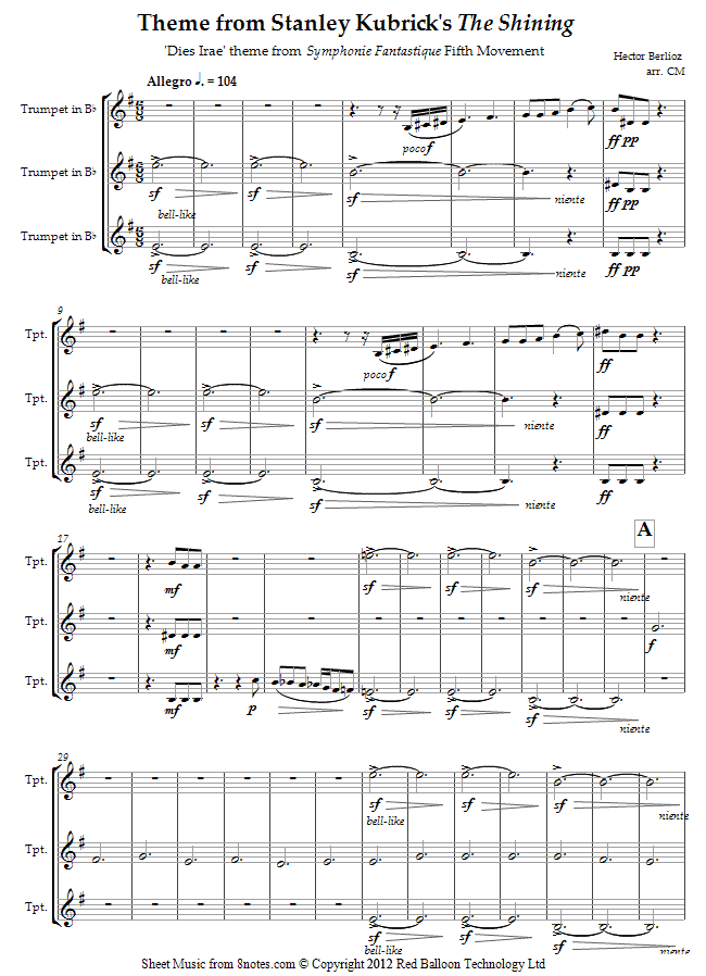 Hector Berlioz - Dies Irae theme from Symphonie Fantastique (Theme from Stanley Kubricks The Shining) sheet music for Trumpet Trio Hector Berlioz - Dies Irae theme from Symphonie Fantastique (Theme from Stanley Kubricks The Shining) sheet music for Trumpet Trio