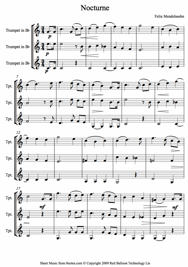 Mendelssohn - Nocturne from Midsummer Nights Dream sheet music for Trumpet Trio Mendelssohn - Nocturne from Midsummer Nights Dream sheet music for Trumpet Trio