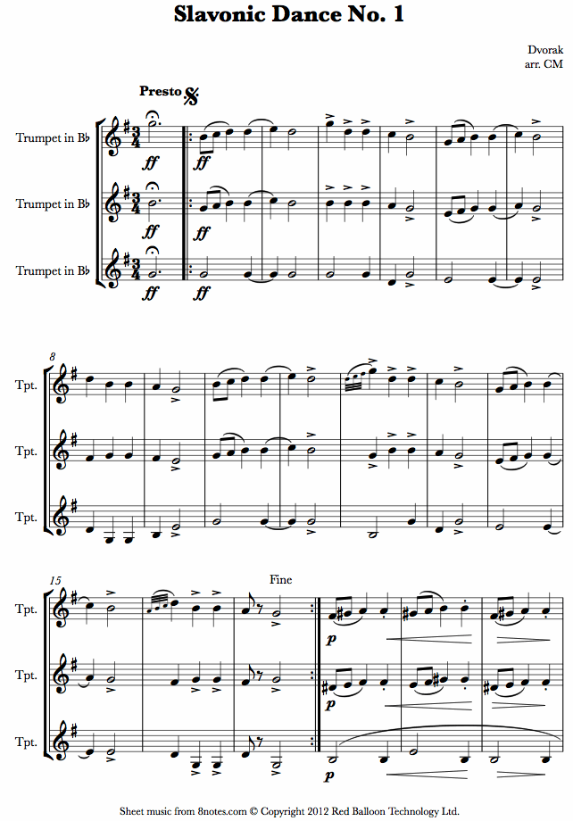 Dvořák - Slavonic Dance No. 1 sheet music for Trumpet Trio Dvořák - Slavonic Dance No. 1 sheet music for Trumpet Trio