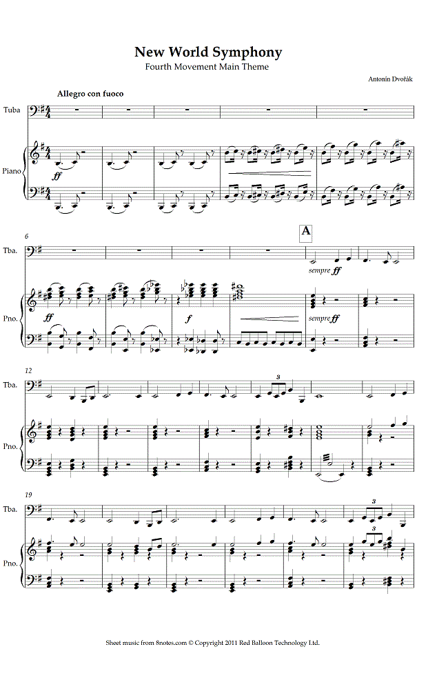 Dvořák - New World Symphony Fourth Movement Main Theme sheet music for Tuba Dvořák - New World Symphony Fourth Movement Main Theme sheet music for Tuba