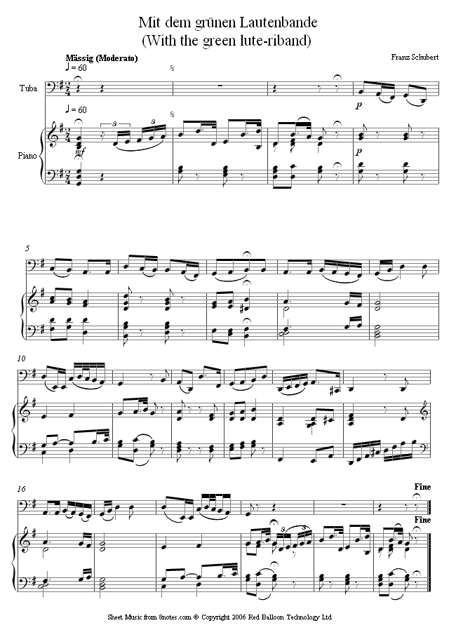 Schubert - With the green lute-riband sheet music for Tuba Schubert - With the green lute-riband sheet music for Tuba