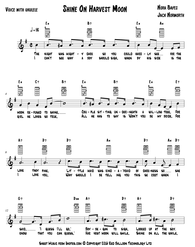 Jack Norworth Shine on Harvest Moon sheet music for Ukulele Lead