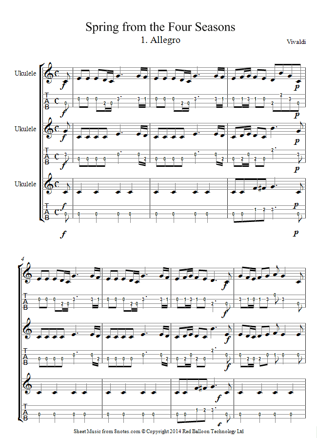 Vivaldi - Spring from The Four Seasons 1. Allegro (longer version) sheet music for Ukulele Trio Vivaldi - Spring from The Four Seasons 1. Allegro (longer version) sheet music for Ukulele Trio