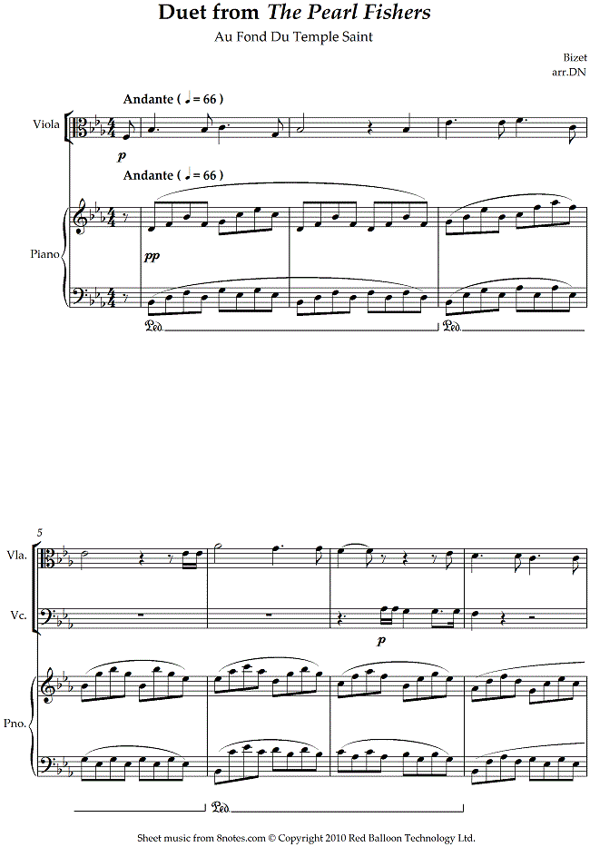 Bizet - Duet from The Pearl Fishers Au Fond Du Temple Saint sheet music for Viola-Cello Duet Bizet - Duet from The Pearl Fishers Au Fond Du Temple Saint sheet music for Viola-Cello Duet