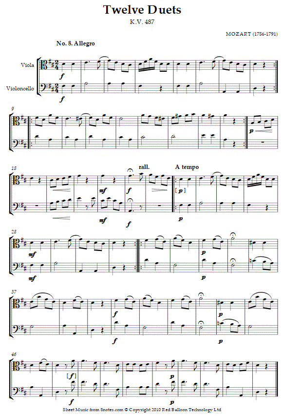 Mozart Twelve Duets k.487 no.8 sheet music for ViolaCello Duet