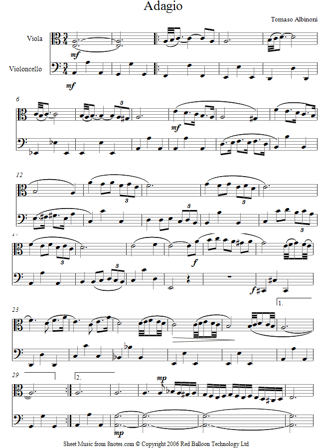 Albinoni - Adagio sheet music for Viola-Cello Duet Albinoni - Adagio sheet music for Viola-Cello Duet