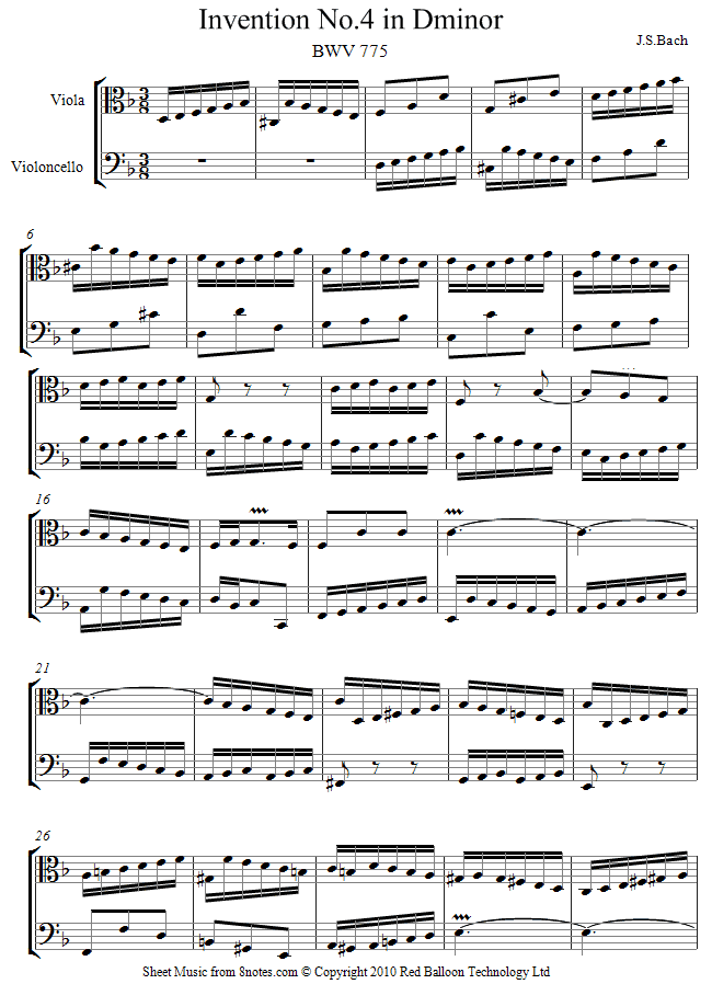 Bach - Invention No.4 in Dminor BWV 775 sheet music for Viola-Cello Duet Bach - Invention No.4 in Dminor BWV 775 sheet music for Viola-Cello Duet