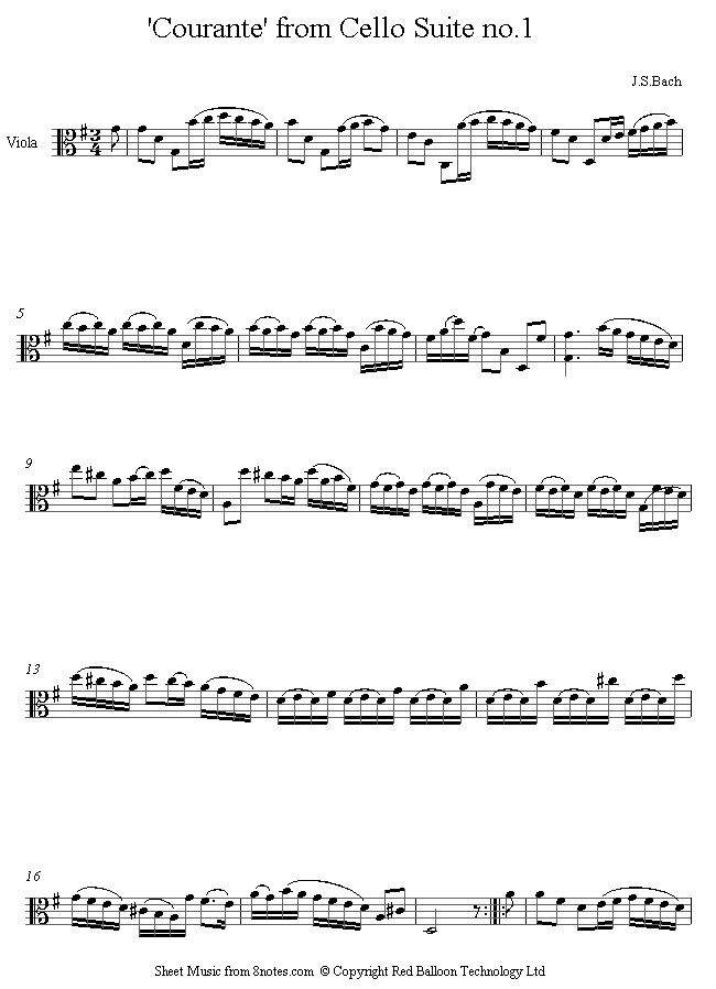 Bach - Courante from Cello Suite no.1 sheet music for Viola - 8notes.com