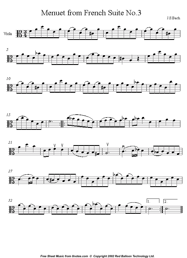 Bach - Menuet from French Suite No.3 sheet music for Viola Bach - Menuet from French Suite No.3 sheet music for Viola