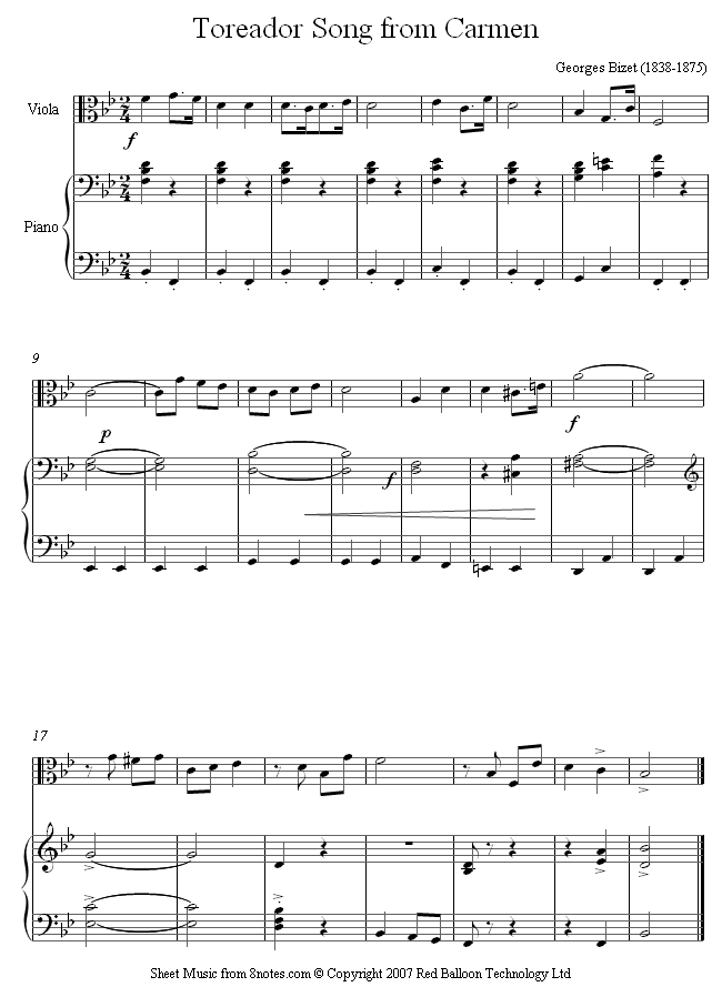 Bizet - Toreador Song from Carmen sheet music for Viola Bizet - Toreador Song from Carmen sheet music for Viola
