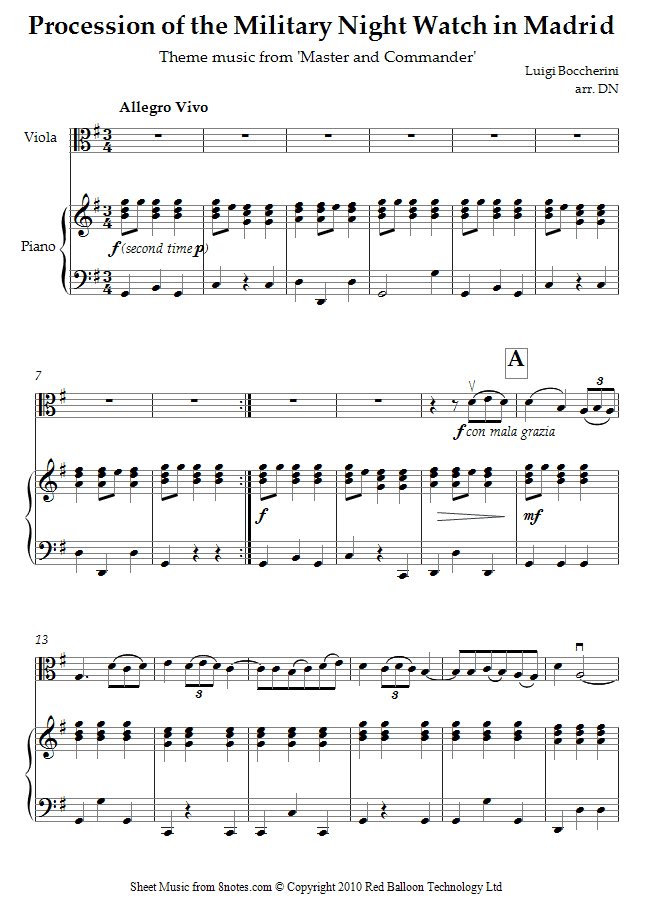 Luigi Boccherini - Procession of the Military Night Watch in Madrid (Theme from Master and Commander ) sheet music for Viola Luigi Boccherini - Procession of the Military Night Watch in Madrid (Theme from Master and Commander ) sheet music for Viola