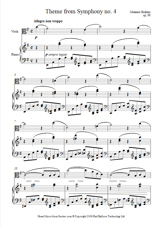 Brahms - Theme from Symphony no. 4 sheet music for Viola Brahms - Theme from Symphony no. 4 sheet music for Viola