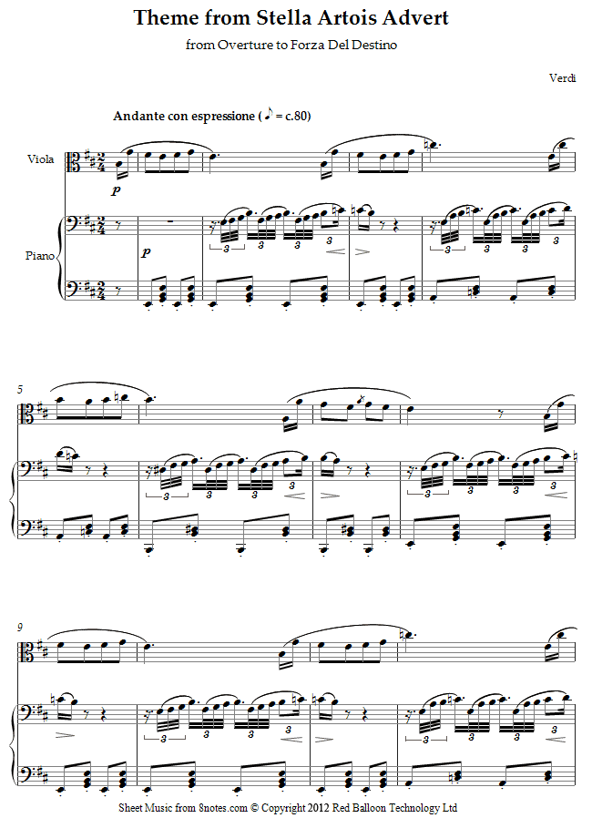Giuseppe Verdi - Theme from Stella Artois Advert (from Overture to Forza Del Destino) sheet music for Viola Giuseppe Verdi - Theme from Stella Artois Advert (from Overture to Forza Del Destino) sheet music for Viola