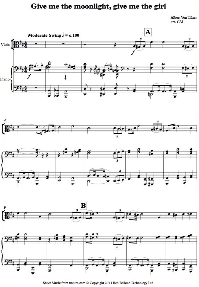 Albert Von Tilzer - Give me the moonlight, give me the girl sheet music for Viola Albert Von Tilzer - Give me the moonlight, give me the girl sheet music for Viola