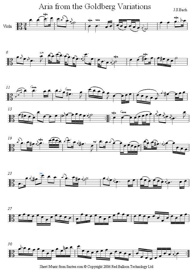Bach - Aria from Goldberg Variations sheet music for Viola Bach - Aria from Goldberg Variations sheet music for Viola