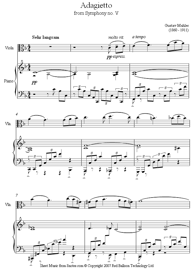 Mahler - Adagietto from Symphony No.5 sheet music for Viola Mahler - Adagietto from Symphony No.5 sheet music for Viola