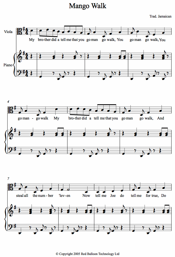 Mango Walk (trad. Jamaican) sheet music for Viola Mango Walk (trad. Jamaican) sheet music for Viola