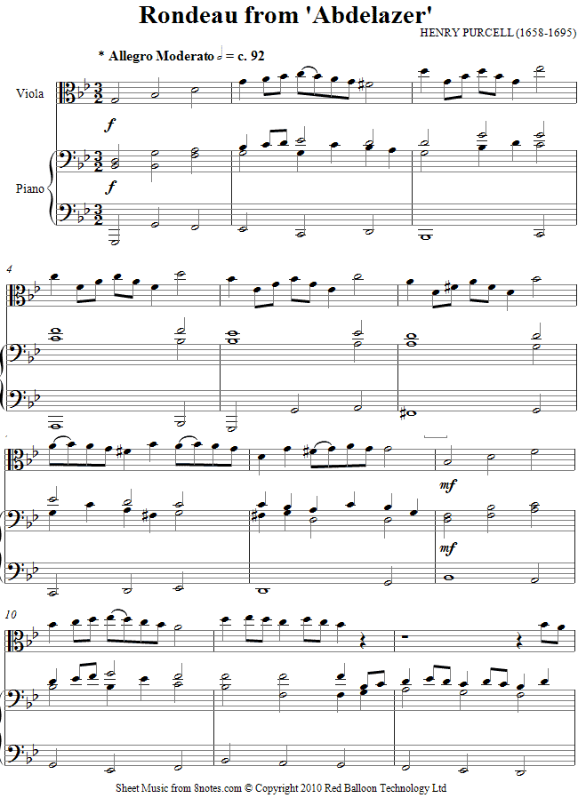 Purcell - Rondeau from Abdelazer sheet music for Viola Purcell - Rondeau from Abdelazer sheet music for Viola