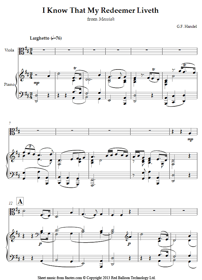 Handel - I Know That My Redeemer Liveth from Messiah sheet music for Viola Handel - I Know That My Redeemer Liveth from Messiah sheet music for Viola