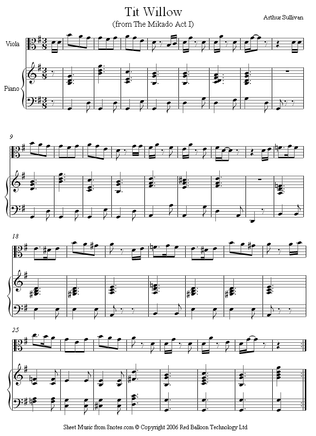 Sullivan - Tit Willow (Mikado Act 1) sheet music for Viola Sullivan - Tit Willow (Mikado Act 1) sheet music for Viola