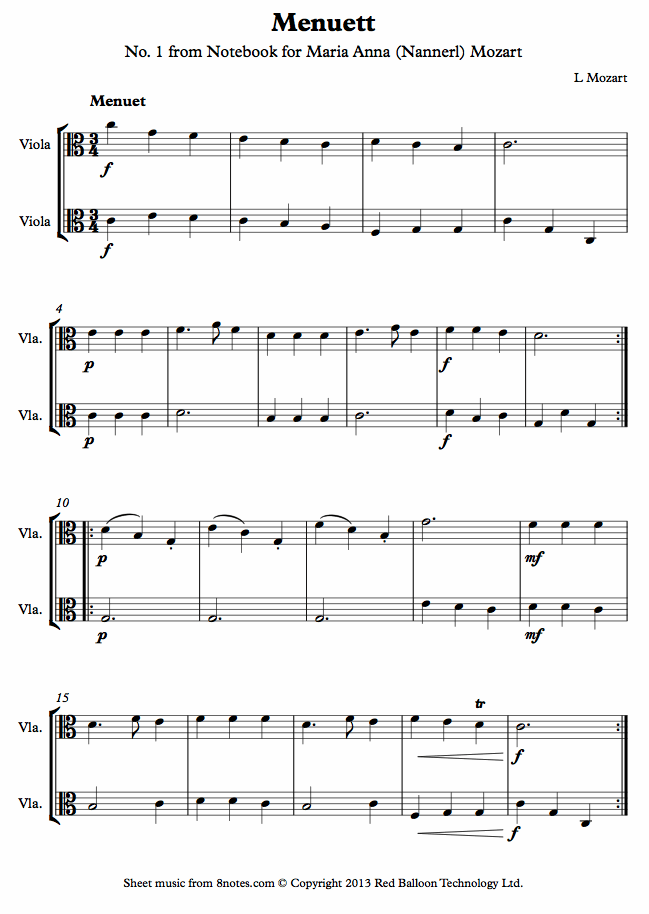 Mozart - Menuett in A No. 12 from Notebook for Maria Anna (Nannerl) Mozart sheet music for Viola Duet Mozart - Menuett in A No. 12 from Notebook for Maria Anna (Nannerl) Mozart sheet music for Viola Duet