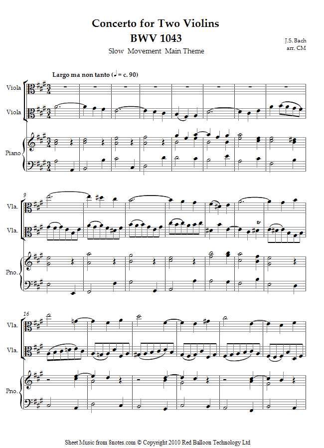 Bach - Concerto for Two Violins BWV 1043 (Slow Movement Main Theme) sheet music for Viola Duet Bach - Concerto for Two Violins BWV 1043 (Slow Movement Main Theme) sheet music for Viola Duet