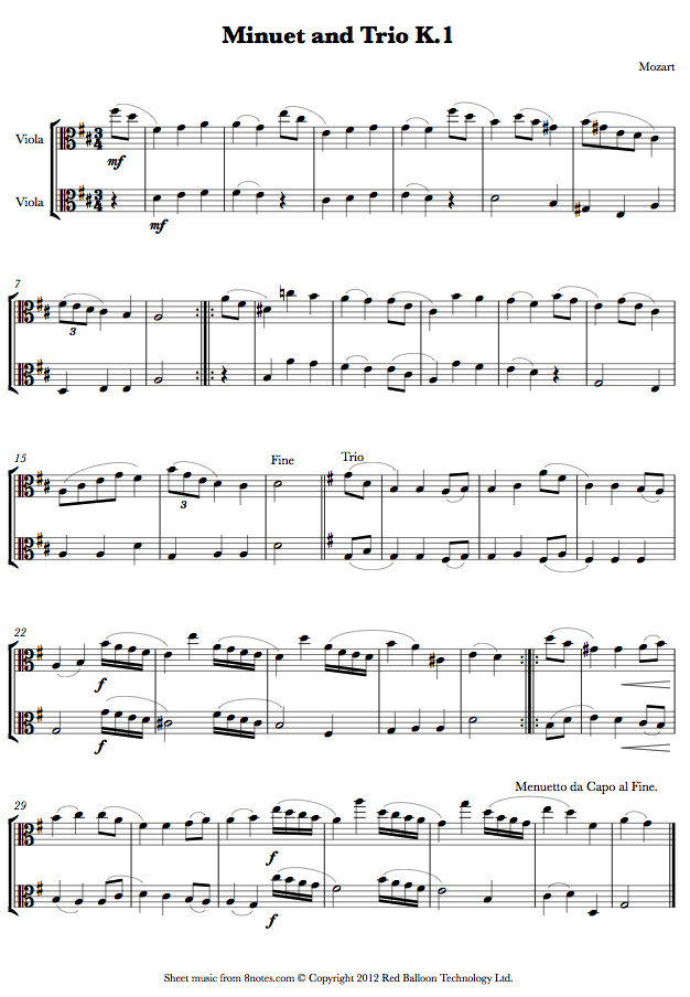 Mozart Minuet and Trio K.1 sheet music for Viola Duet