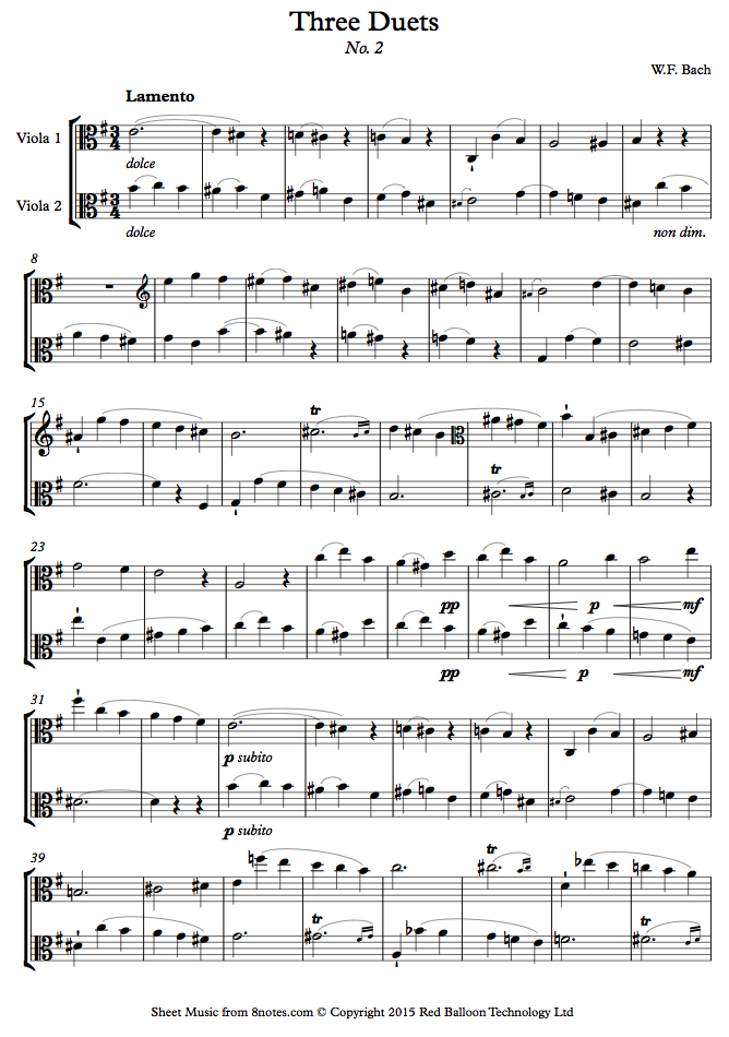Bach Three Duets No. 2 sheet music for Viola Duet