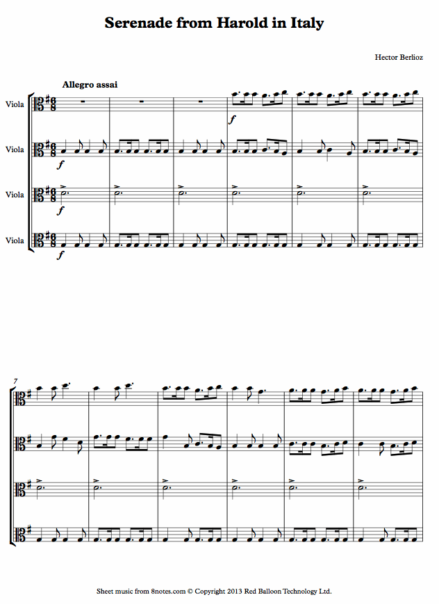 Berlioz - Serenade from Harold in Italy sheet music for Viola Quartet Berlioz - Serenade from Harold in Italy sheet music for Viola Quartet