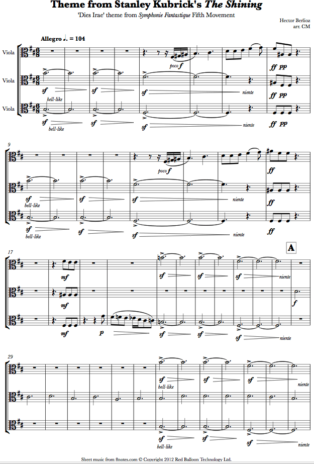 Hector Berlioz - Dies Irae theme from Symphonie Fantastique (Theme from Stanley Kubricks The Shining) sheet music for Viola Trio Hector Berlioz - Dies Irae theme from Symphonie Fantastique (Theme from Stanley Kubricks The Shining) sheet music for Viola Trio