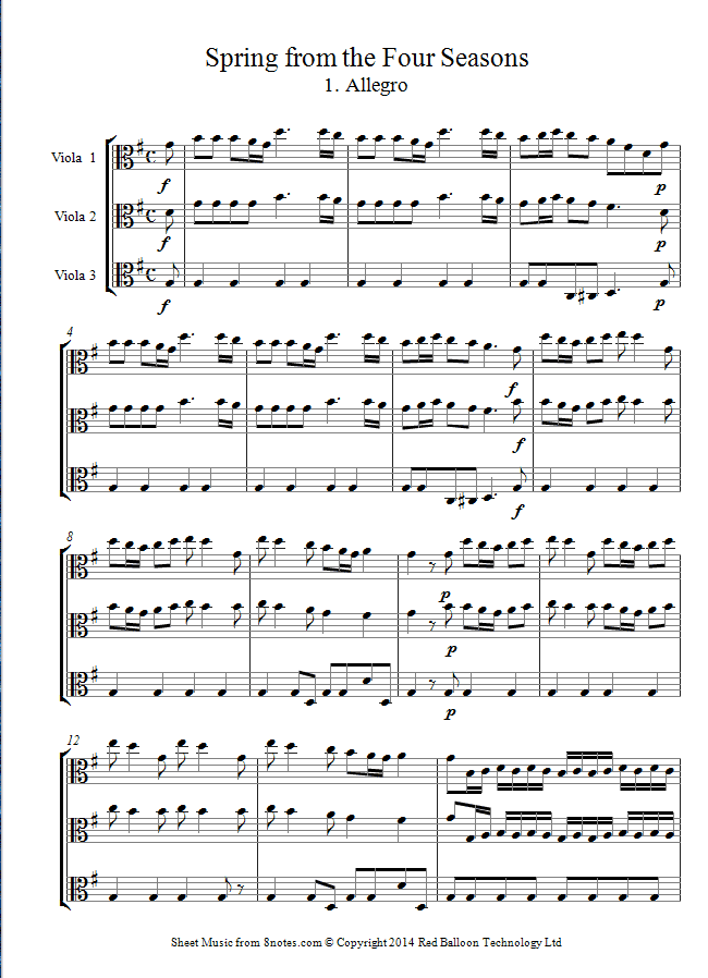 Vivaldi - Spring from The Four Seasons 1. Allegro (longer version) sheet music for Viola Trio Vivaldi - Spring from The Four Seasons 1. Allegro (longer version) sheet music for Viola Trio